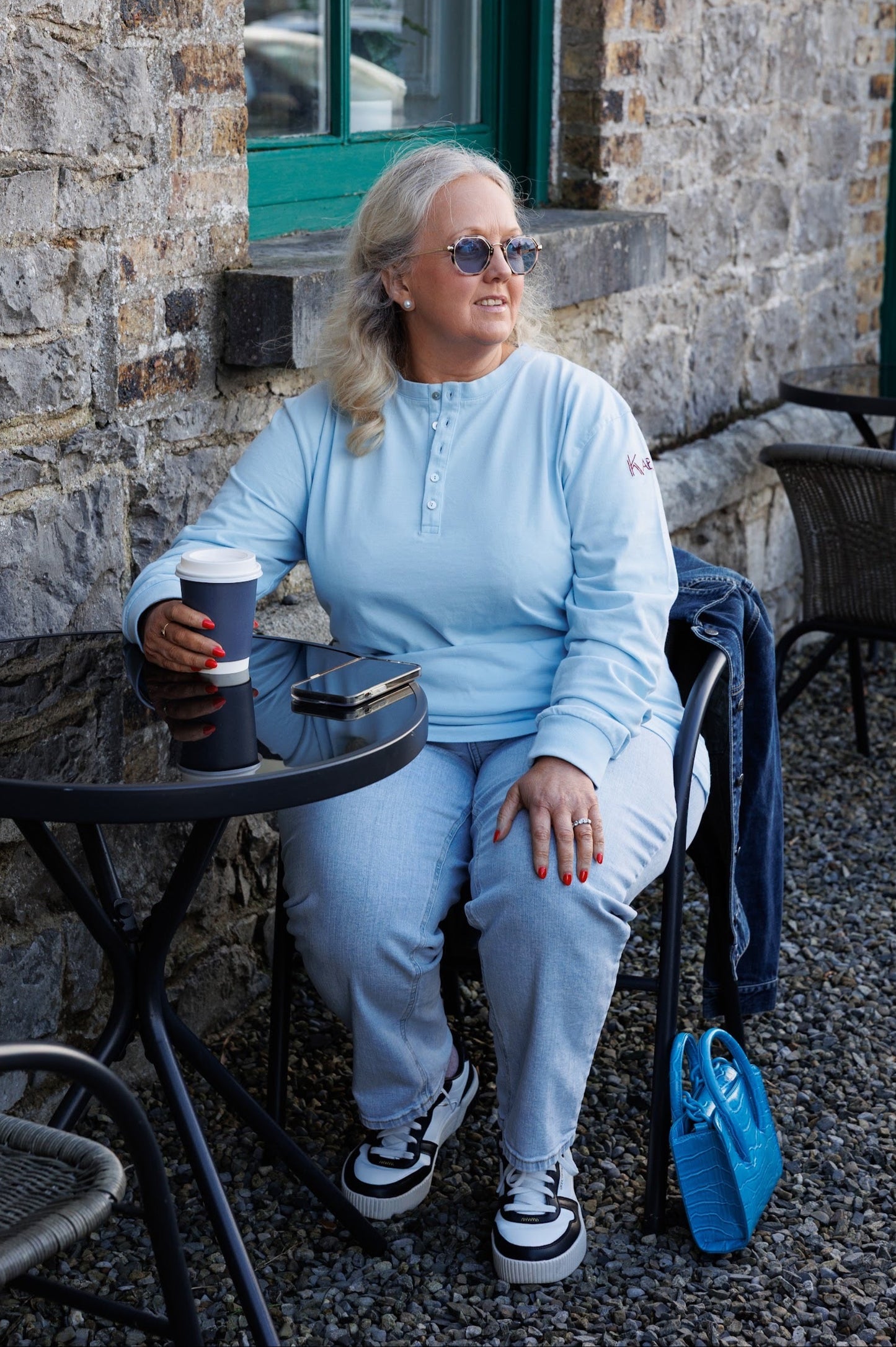 Henley Style Long Sleeve Top - Organic Cotton - Blue