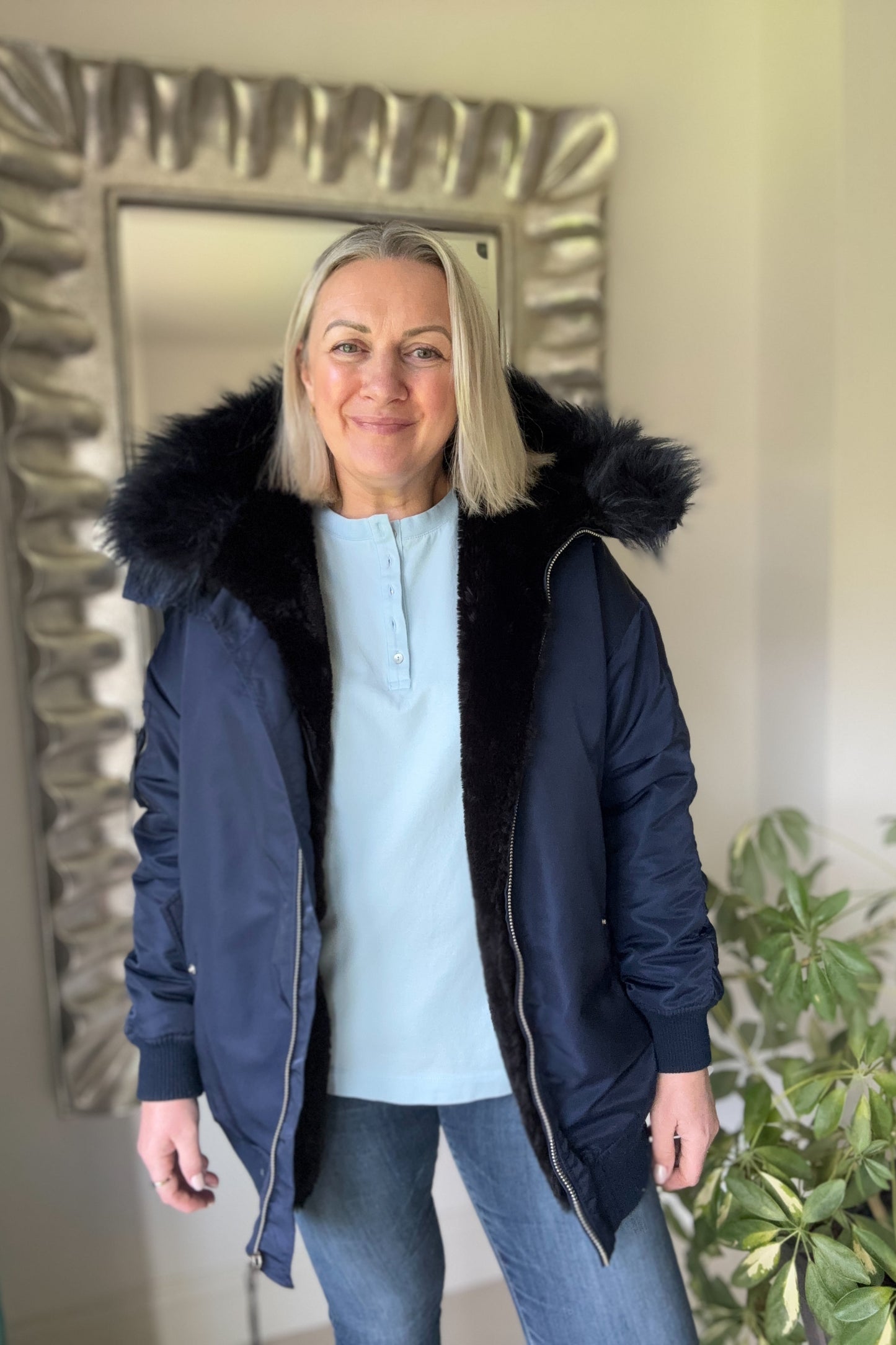 Henley Style Long Sleeve Top  - Organic Cotton - Blue